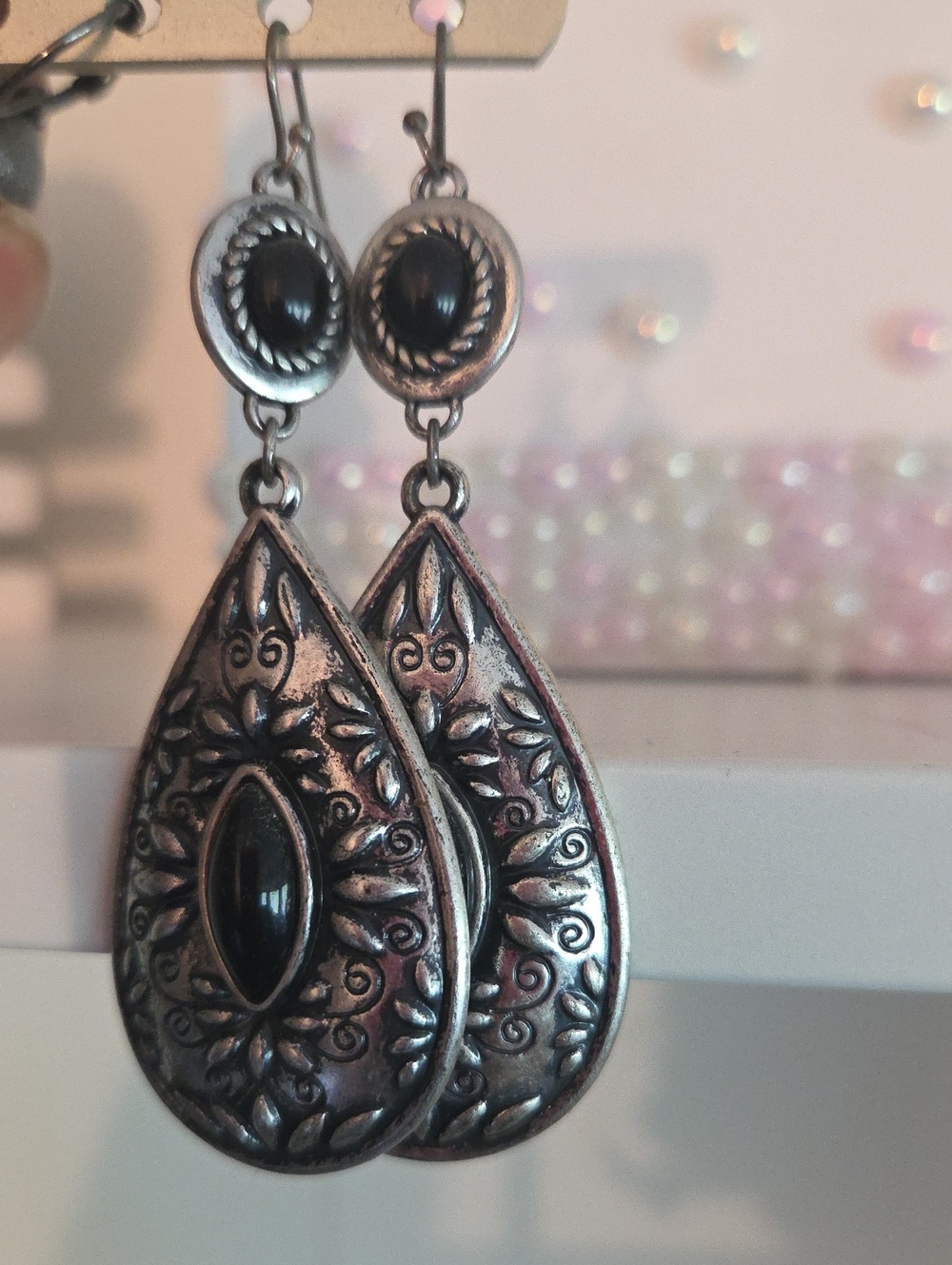 Silver-Tone Teardrop Dangle Earrings with Black Cabochon